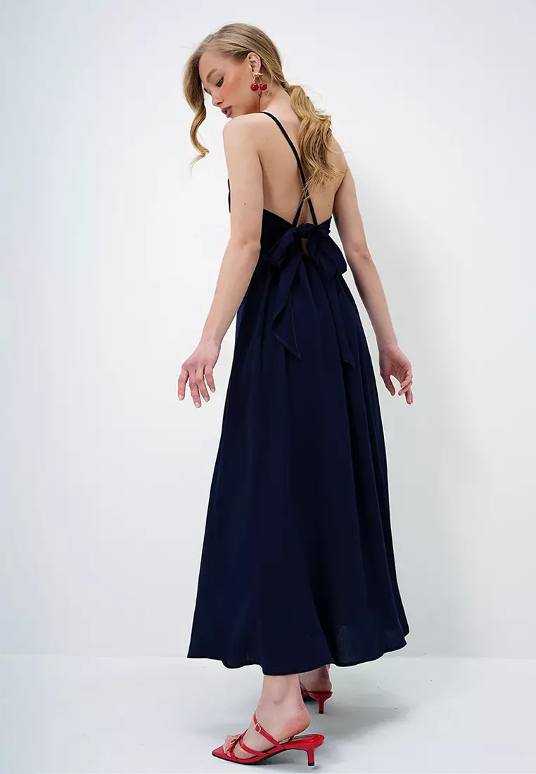 Women's Navy Blue Rope Strap Back Tie Detailed Maxi Length Summer Dress Alc-X13471