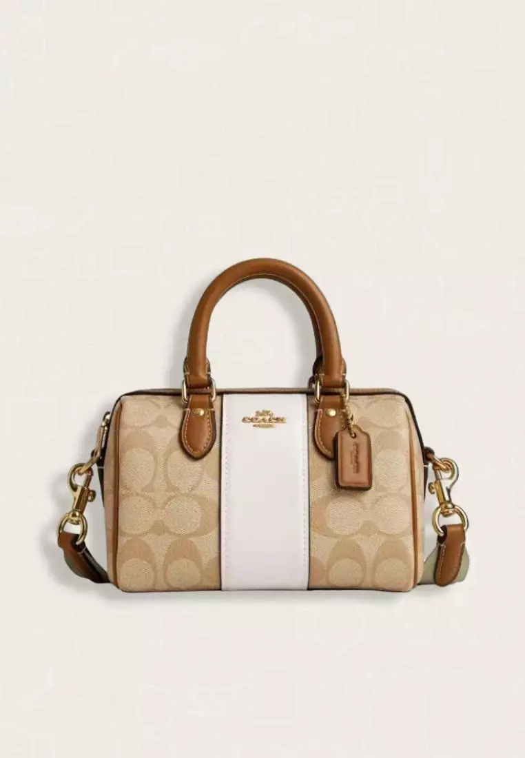 Coach Mini Rowan Crossbody In Signature Canvas With Stripe Light Khaki Chalk Lt Saddle