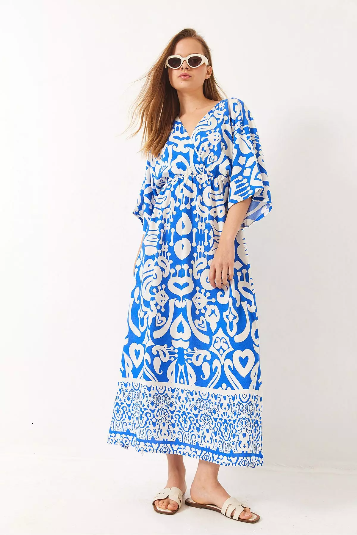 Women's Double Breasted Collar Patterned Slit Detail Woven Viscose Dress 60284018