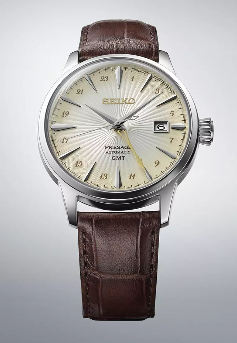 Seiko Presage ‘Acacia’ Cocktail Time GMT Graduated Yellow Dial Brown Leather Band Automatic Watch SSK041J1