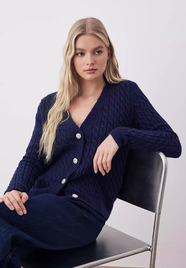 Button Detailed Soft Textured V-Neck Knit Cardigan