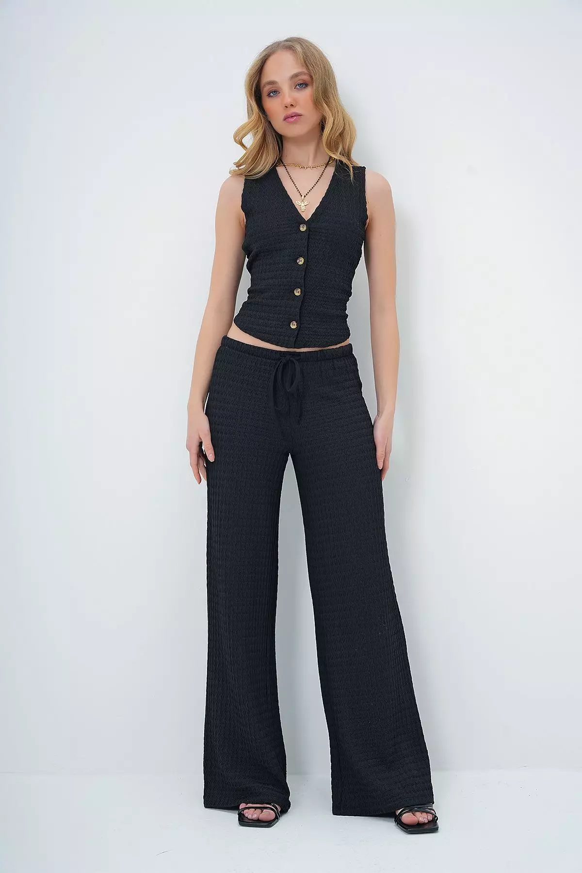 Women's Black V-Neck Buttoned Vest and Trouser Set