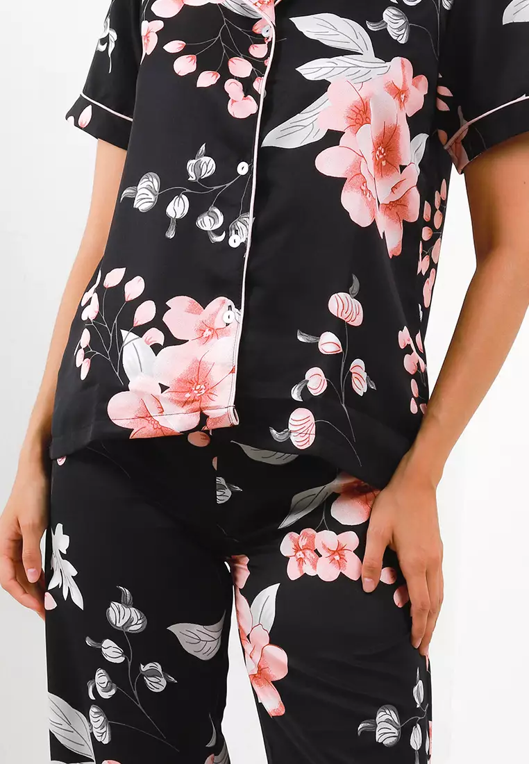 Piyama Pijama Baju Tidur Satin Silk Short Sleeve Long Pants Sleepwear