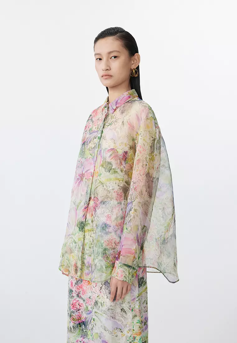 全真絲水彩花卉花型寬鬆長袖襯衣