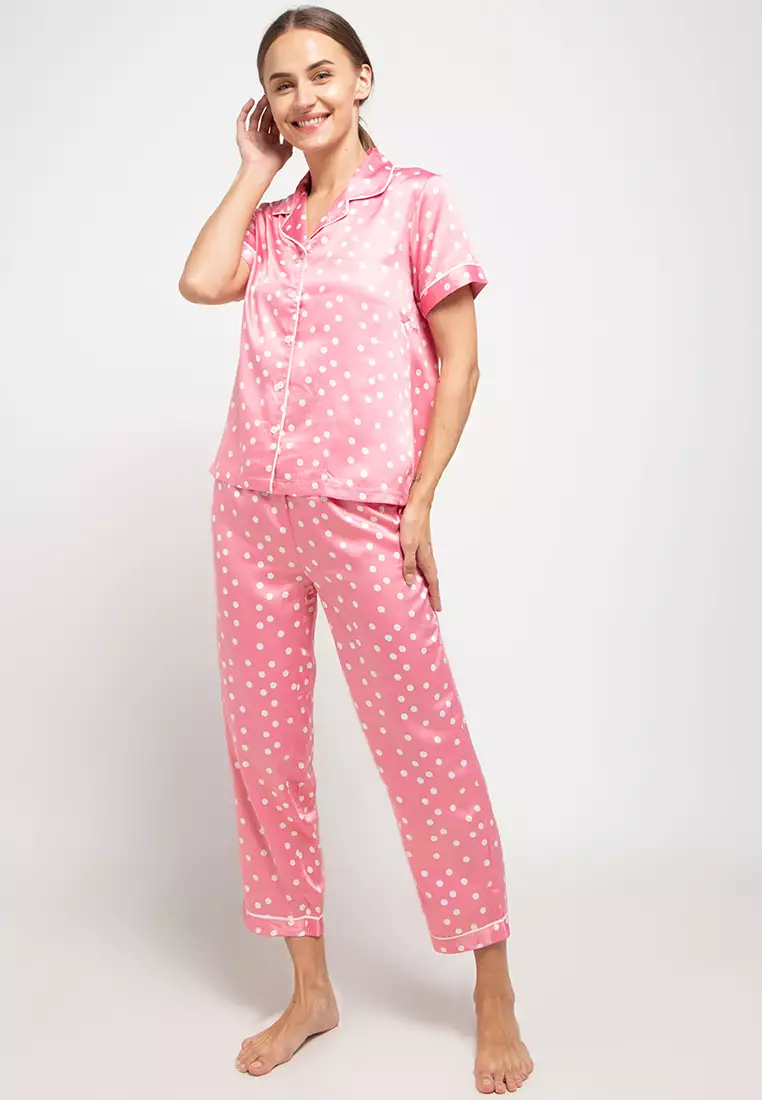 Pyjama Baju Tidur Set  Short  Sleeve  Long Pants Satin Sleepwear