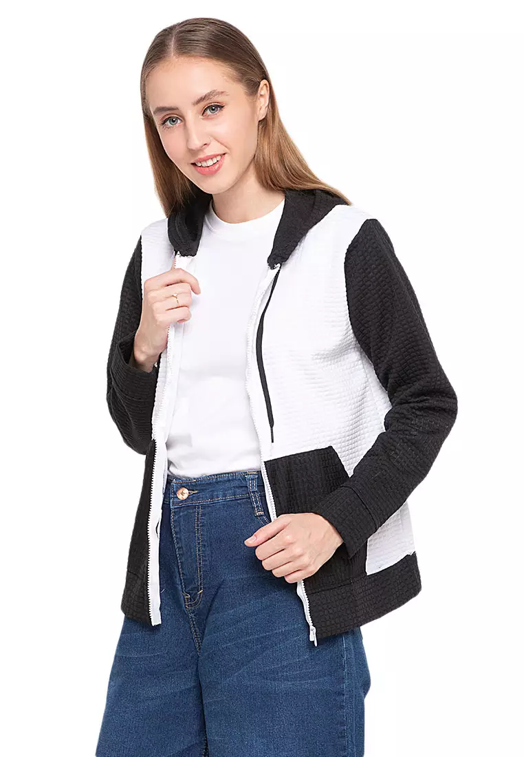 Hernie Long Hoodie Dual Tone Color Lengan Panjang Outerwear Atasan Wanita - Putih