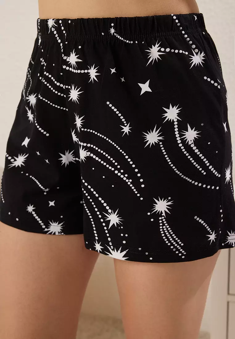 Black 100% Cotton Star Patterned Shorts Knitted Pajama Set THMSS25PT00393