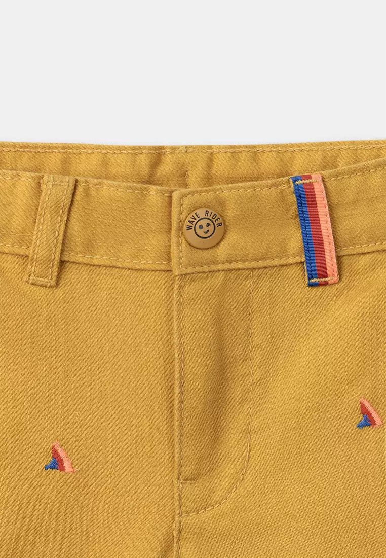 MUSTARD SHORTS WITH MULTICOLOURED SHARK FIN EMBROIDERIES
