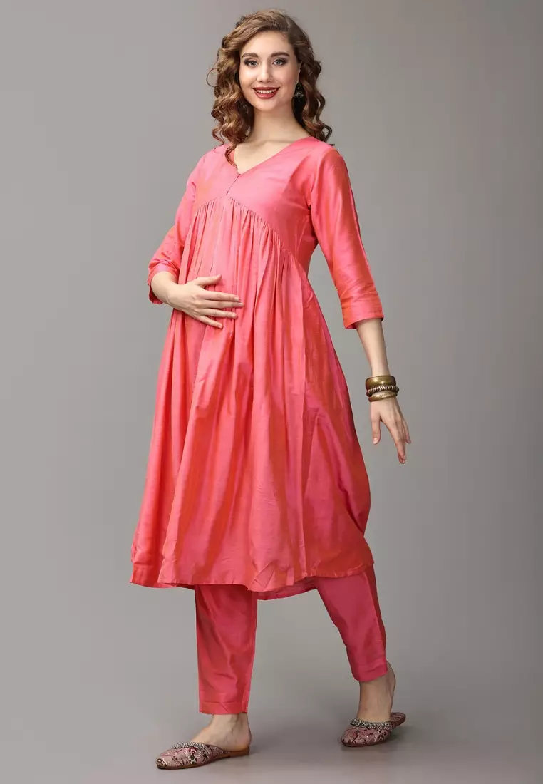 Pinking Perfect Maternity And Nursing Silk Kurta Set