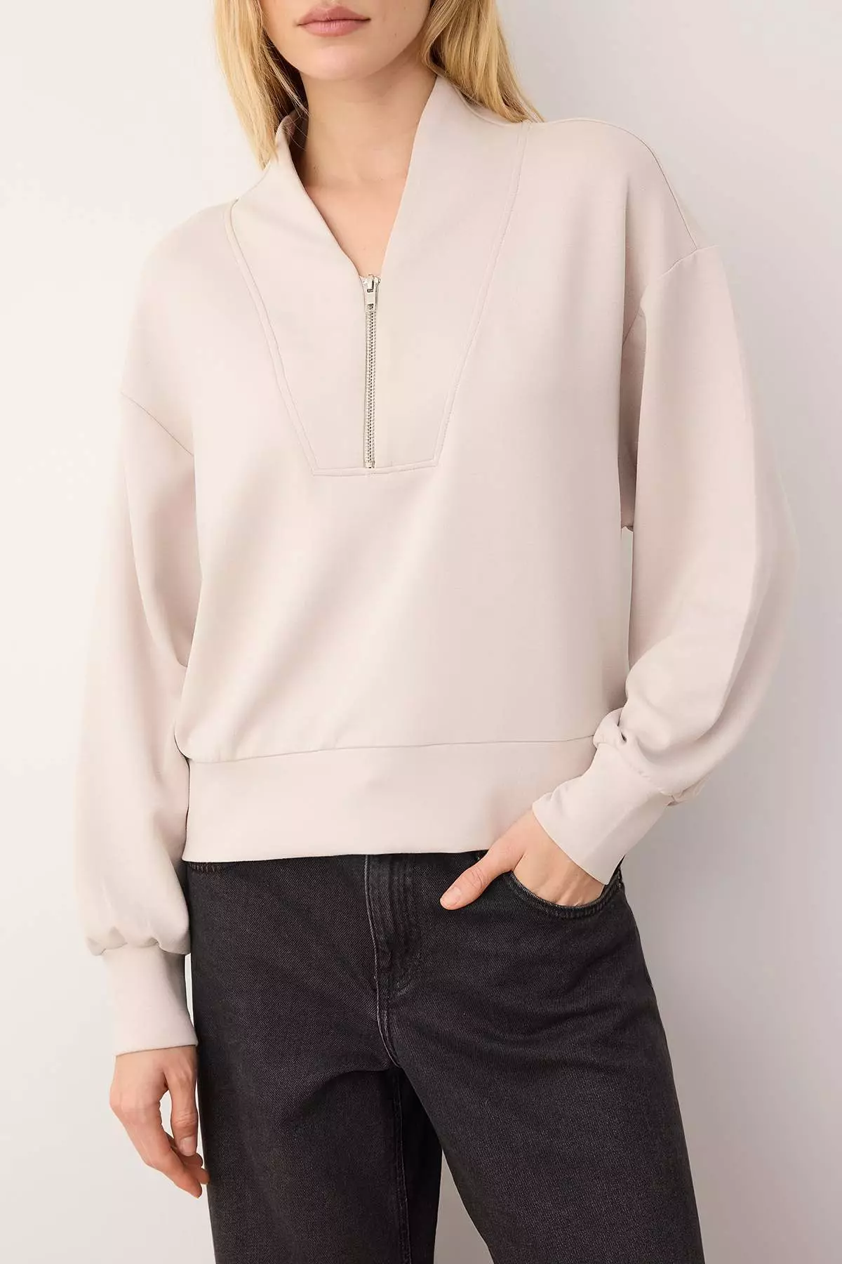 Stone Zippered Stand Collar Relaxed Knitted Sweatshirt