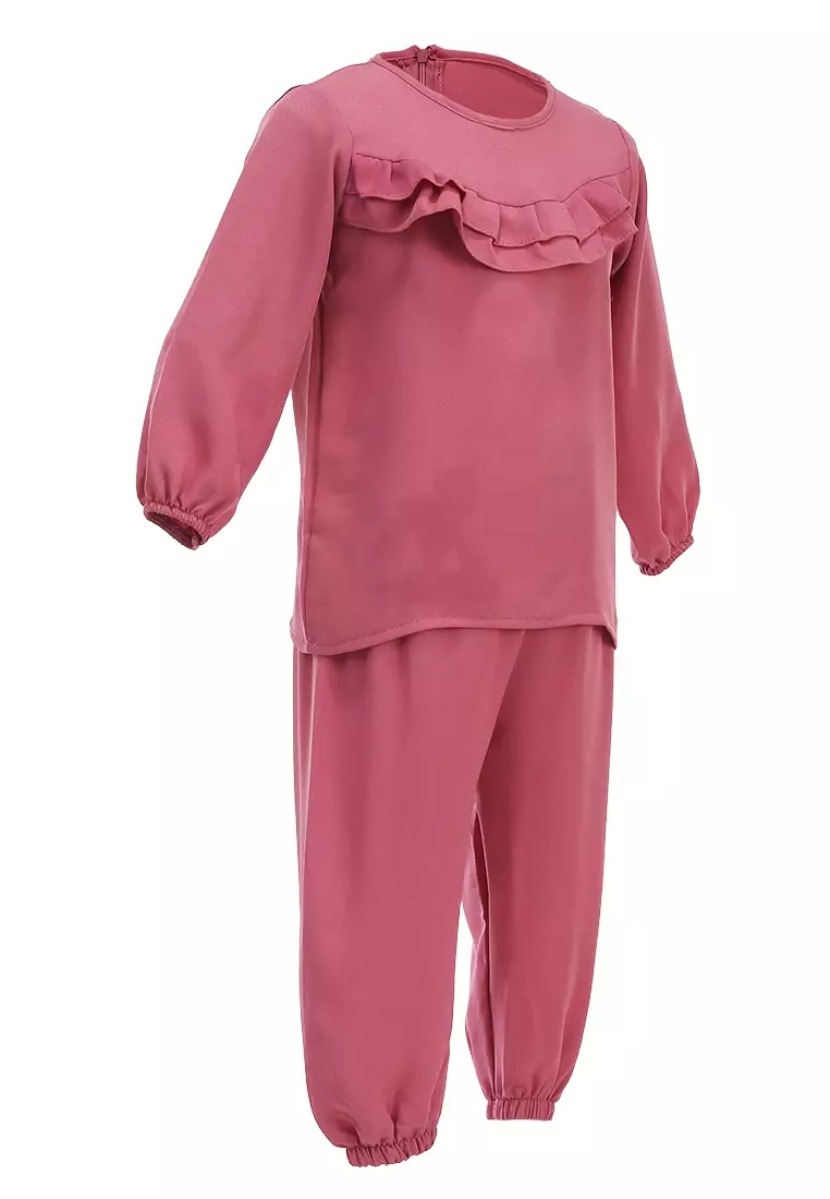 Jourell Setelan Anak Perempuan Lengan Panjang Kids One Set Motif Polos Material Cotton ORIGINAL - Peach