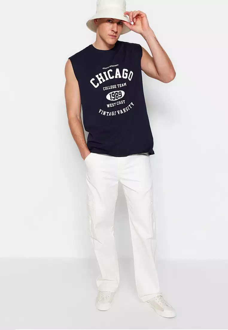 Navy Blue Oversize/Wide Cut Sleeveless Chicago Print Plus Size Tank Top TMNSS25CV00001