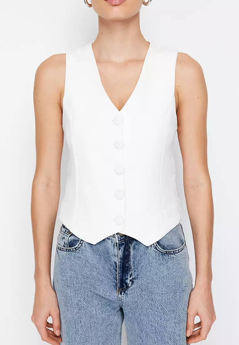 White Fitted Fitted Buttoned Crop Woven Vest