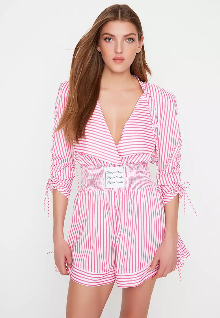 Pink and white top striped romper