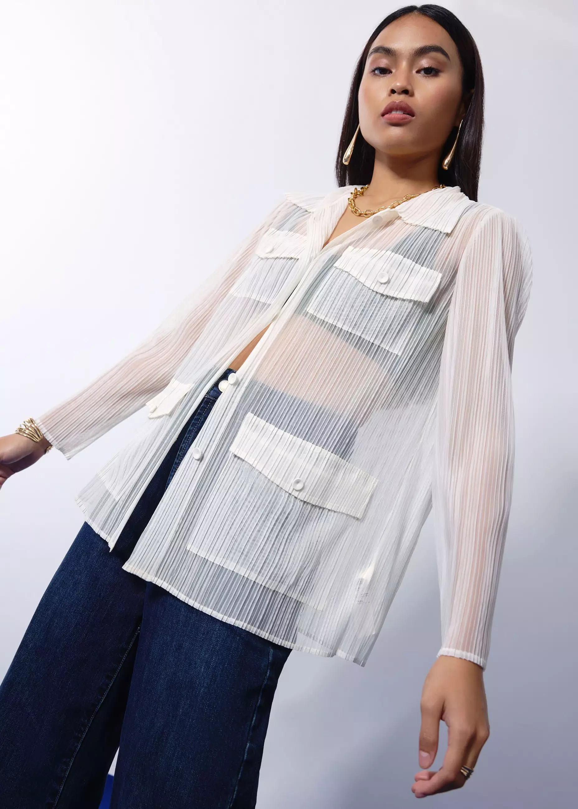 Atasan Wanita - Sheer Plisse Collared Button Down Shirt