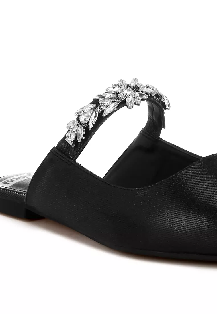 Diamante Strap Glitter Mules in Black