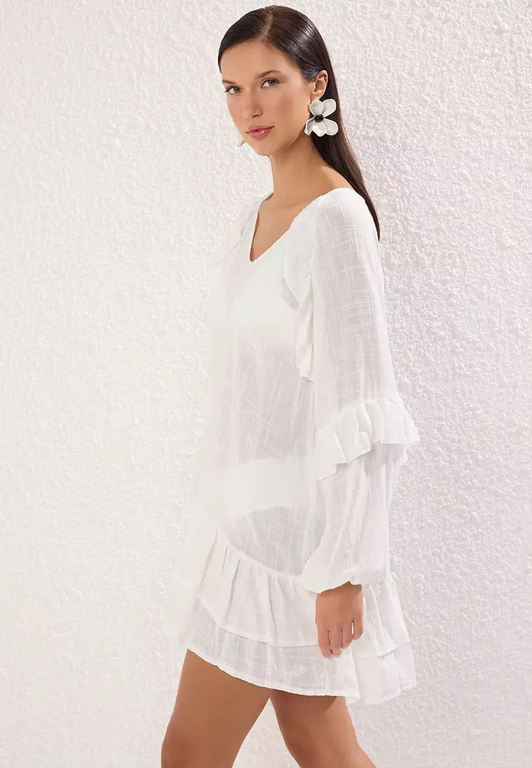 White Mini Woven Flounce Beach Dress TBESS25EL00076