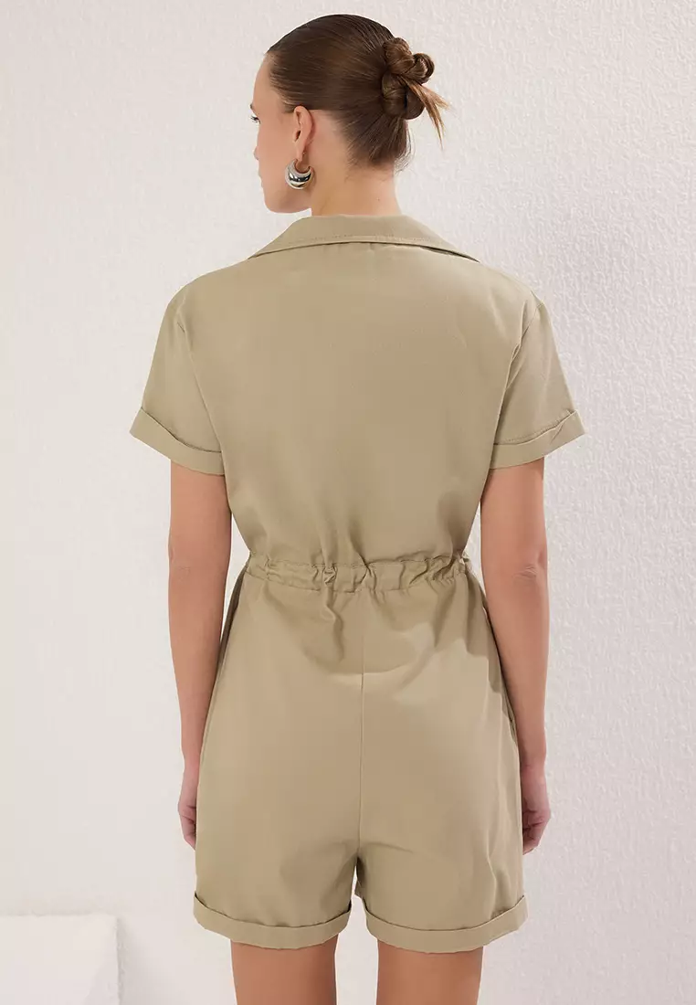 Khaki Woven Mini Jumpsuit with Pleated Waist TWOSS22TU00007