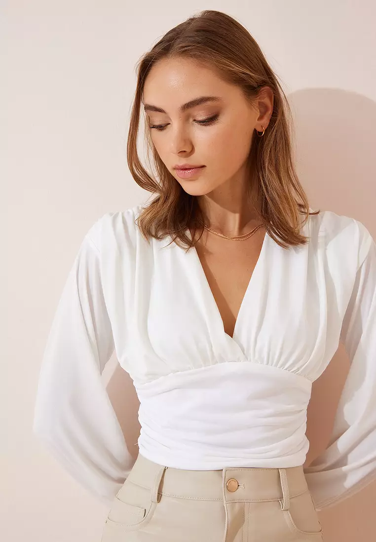 Deep V-Neck Long Sleeve Blouse