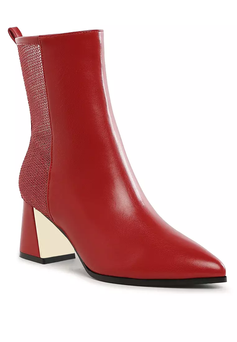 Mesh Detail Pointy Ankle Boots in Red
