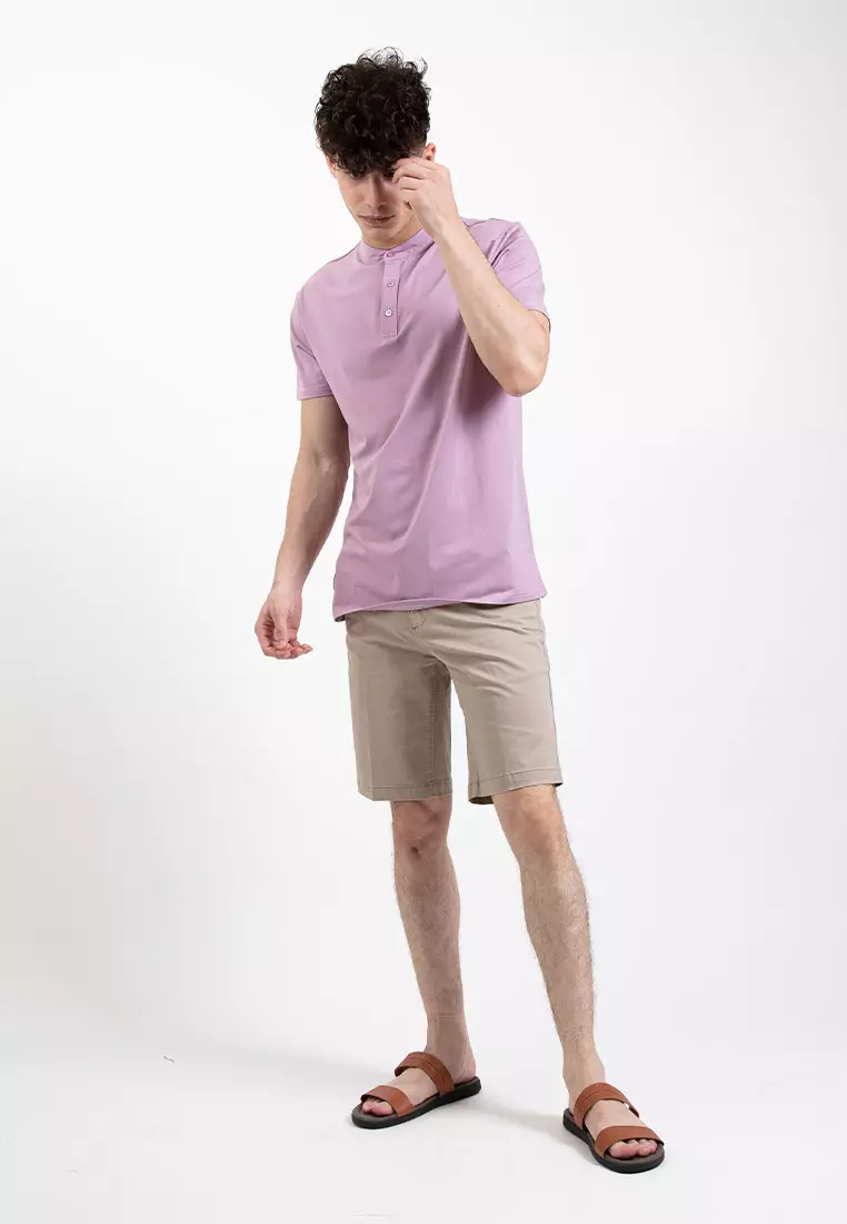 Forest Premium Weight Cotton Stretchable Mandarin Collar T Shirt Men Slim Fit Tee | 23856-76SmokePurple