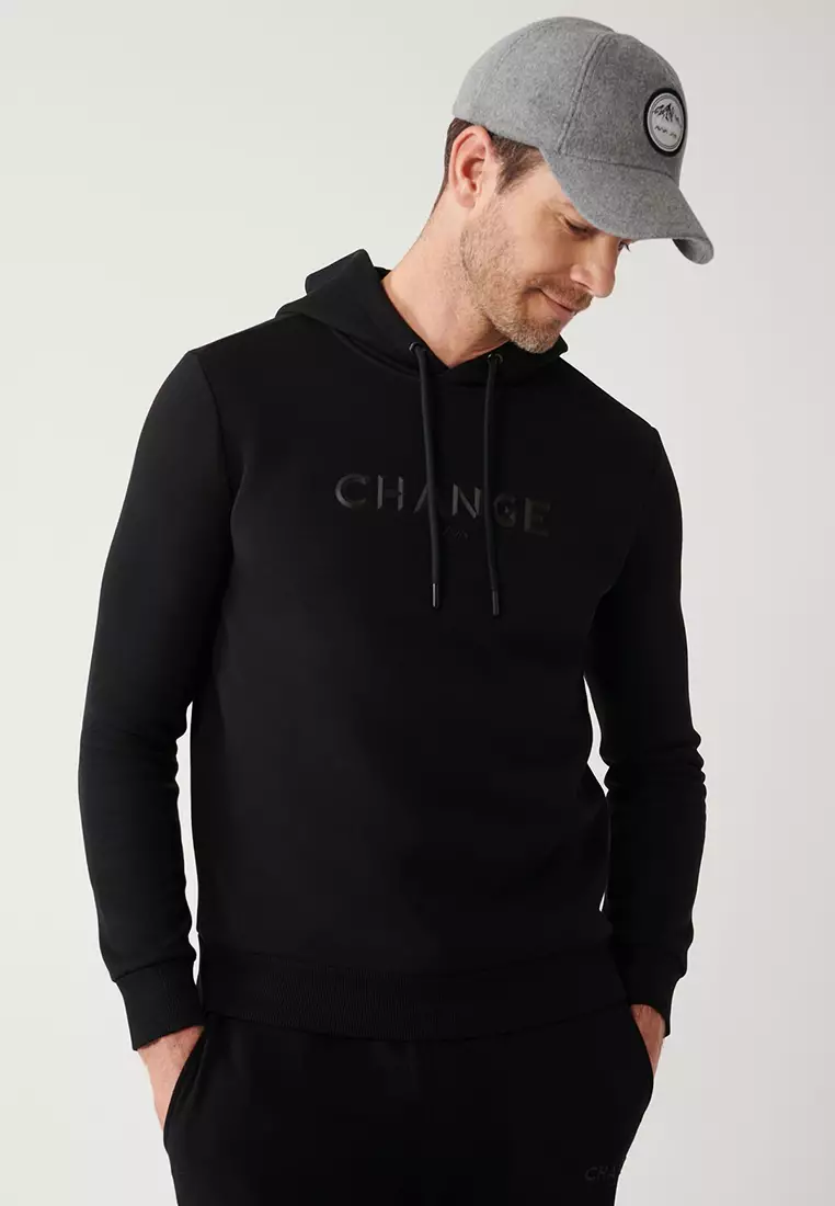 Men's Black Hooded 3 Thread Raised Printed Sweatshirt A32Y1240