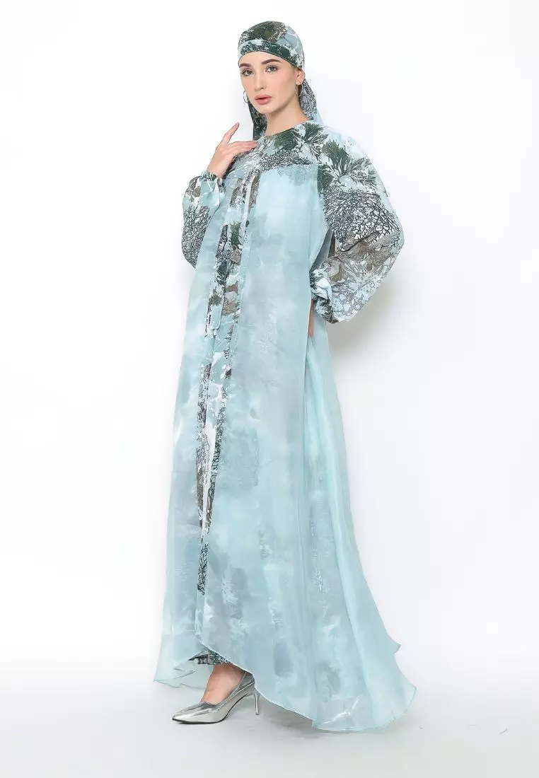 Rinjanie x Senorita  - Gamis Rosslen Mint Tea - Gamis Set Scarf Raya - Gamis Set - Gamis Printing Mix Organza - Dress Raya - Dress mix organza - GMKY - MT