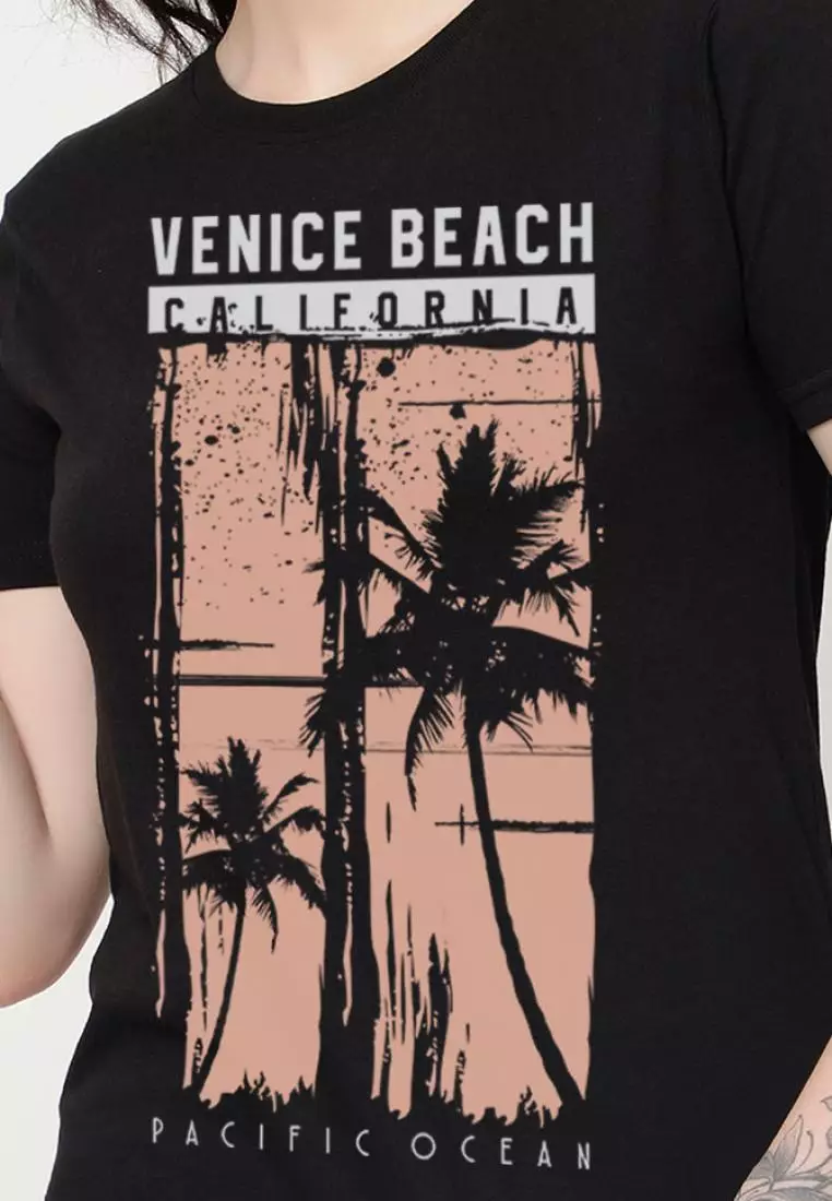 Venice Beach Relaxed Short Sleeve Stylish Black Cotton Casual Graphic Print Tee/TShirt