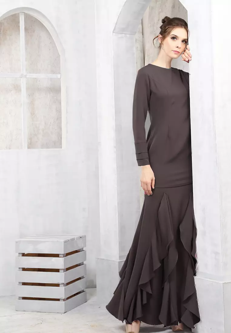 Zerra Kurung Modern Ruffle Skirt in Dark Brown