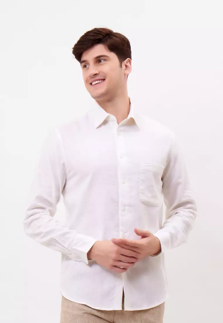 Panama Kemeja Linen Lengan Panjang Pria Putih | Long Sleeves Shirt Men White