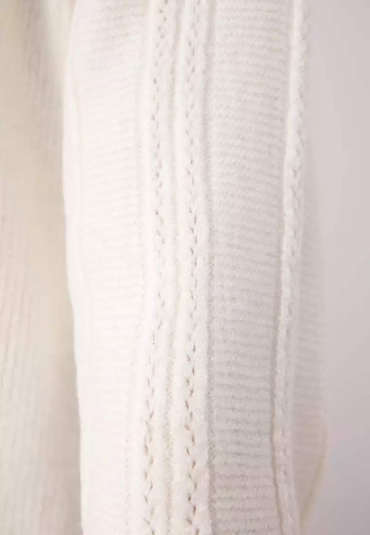 Ecru Soft Textured Sleeve Embroidery Detailed Wide Fit Knitwear Cardigan