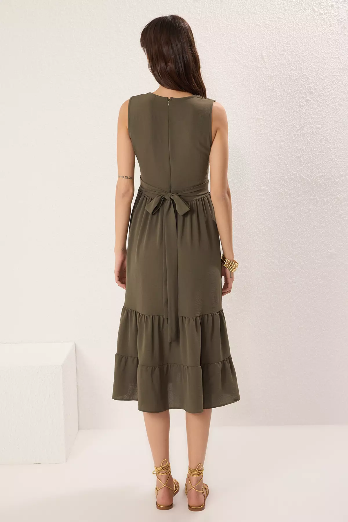 Khaki Plain Skirt Waist Opening Double Breasted Midi Woven Dress TWOSS25EL00201