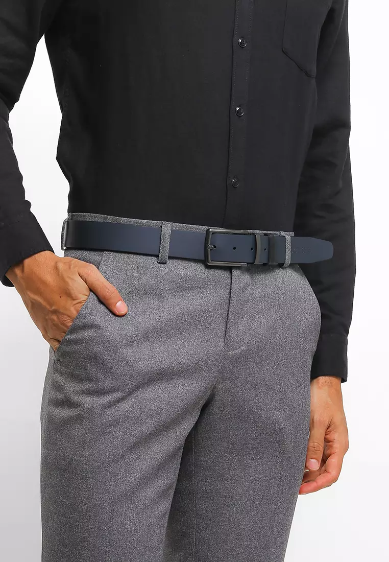 Gunmetal Formal Square Pin Buckle Reversible Top Grain Leather Belt