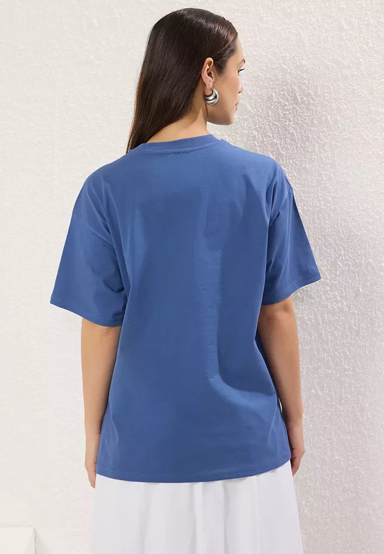 Indigo printed 100% Cotton Premium Oversize/Wide Pattern Crew Neck Knitted T-Shirt TWOSS23TS00040