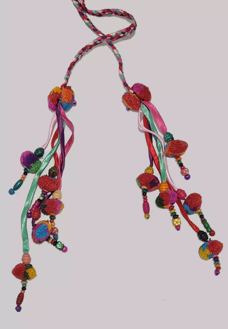 Pom Pom Tapestry Tie Belt Multicolour