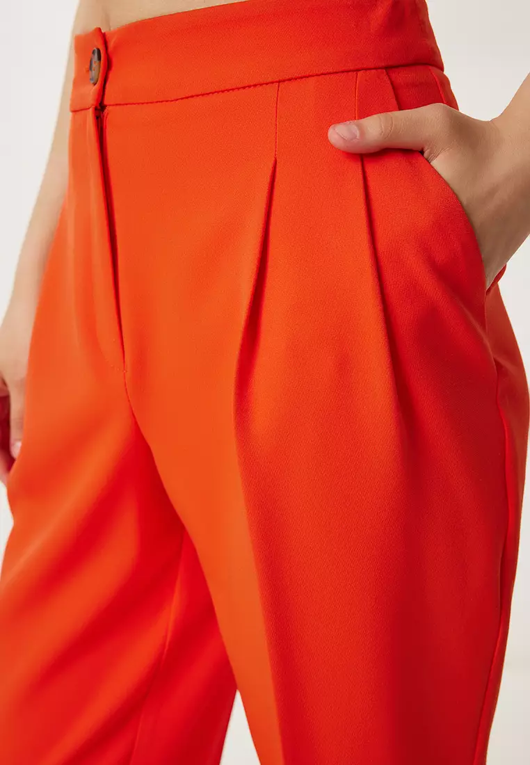Women's Orange High Waist Pencil Woven Trousers Wf00121