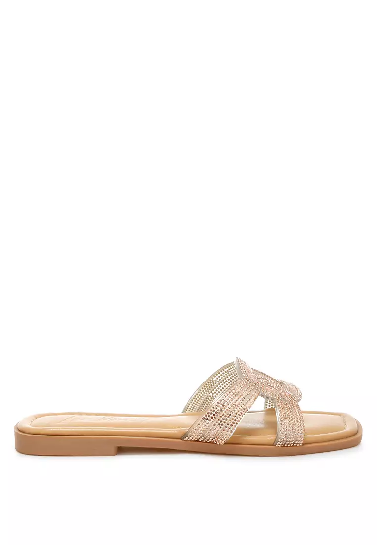 Rhinestones Embellished Flat Sandals in Rose Gold
