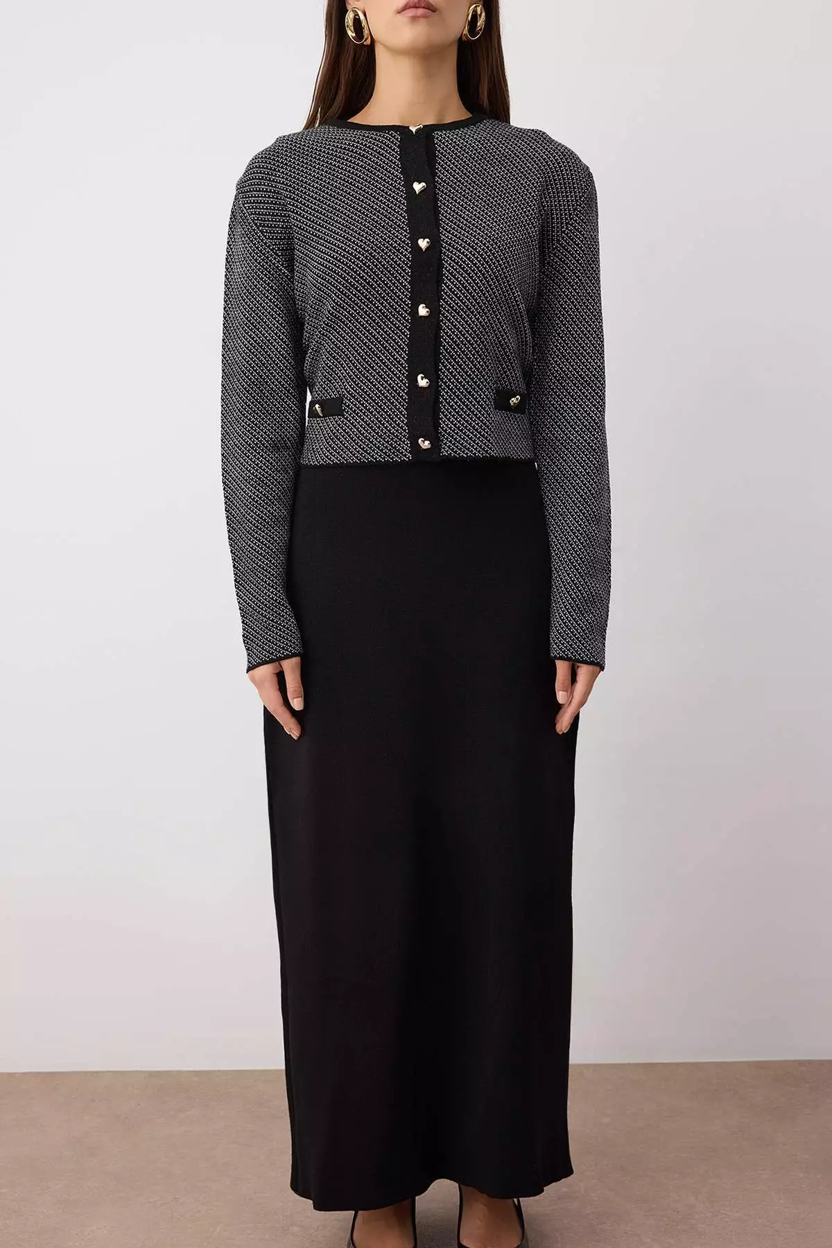 Black Heart Button Detailed Knitwear Dress - Cardigan Set Tctaw26Us00017