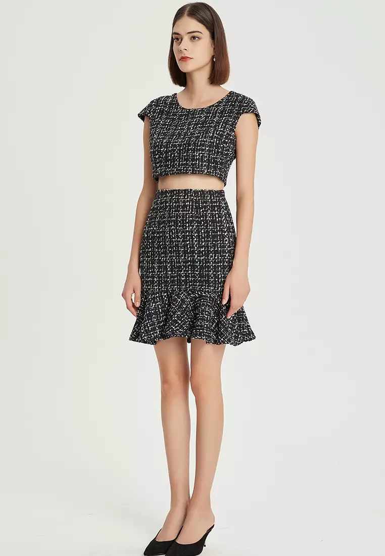 Sunnydaysweety Original Tweed Waist Fishtail Skirt Split Top