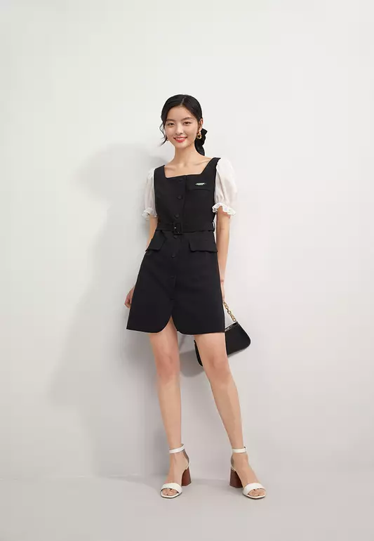 Square Neck Contrast Sleeve Mini Dress