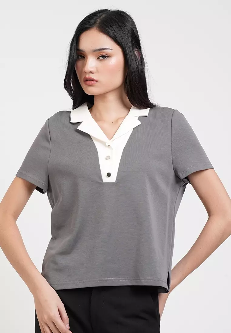 Vesper Button Placket Contrast-Collar Top