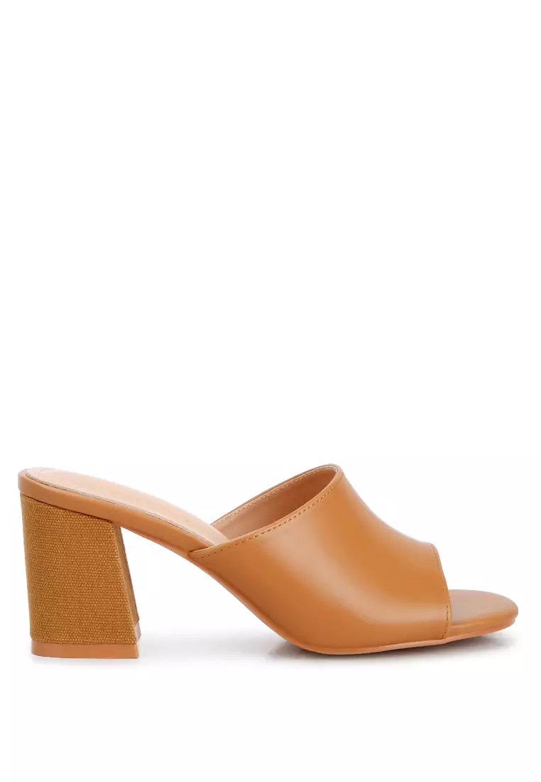 Tan block heel outlet mules