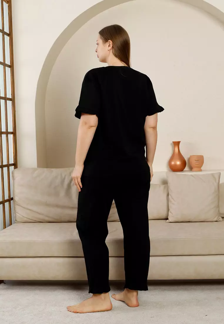 Black Crew Neck Ruffle Detailed 3 Piece Pajama Set Tbbss25Ai00093