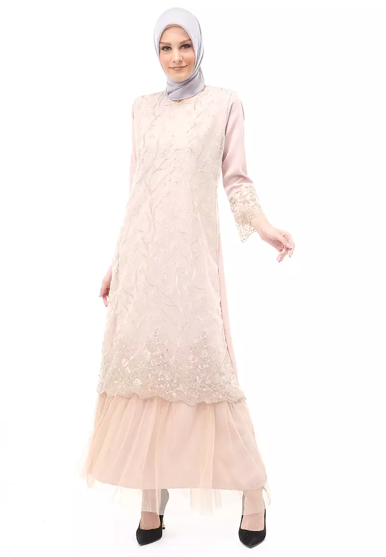 Diana Gamis Brukat Wanita Muslimah Lapis Moscrepe Premium Quality - Coksu Krem
