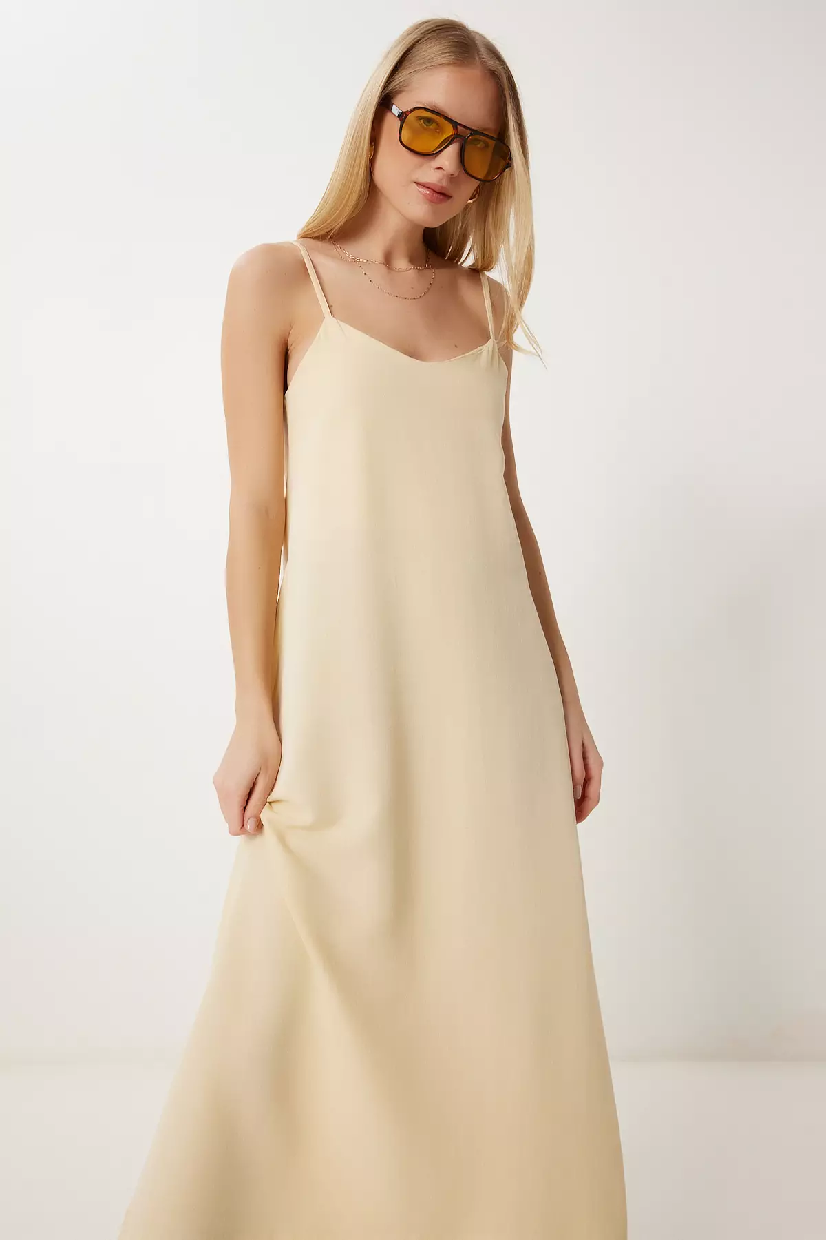 Women's Yellow Linen Blend Strap Summer Dress Hf00474