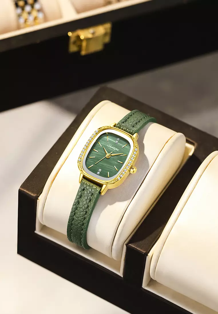 Jam Tangan Wanita Korea Elegan Berlian Vintage Dial Tali Kulit Anti Air Jam Tangan Cewek A002 green