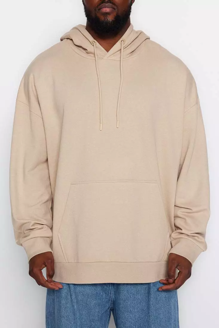 Light Beige Men's Plus Size Oversized/Wide Cut Comfortable Basic Hooded Fleece Cotton Sweatshirt.