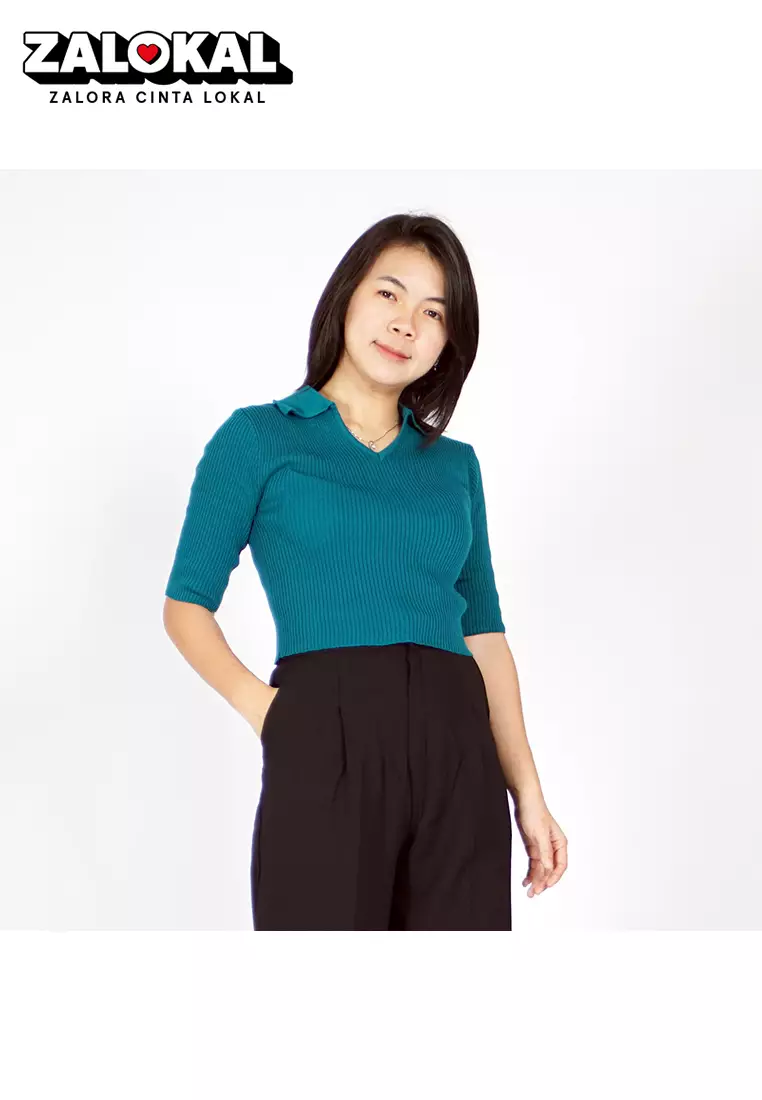  HANA Knit Crop Top Atasan Crop Rajut CropTop Rajut Gaya Korea - Emerald
