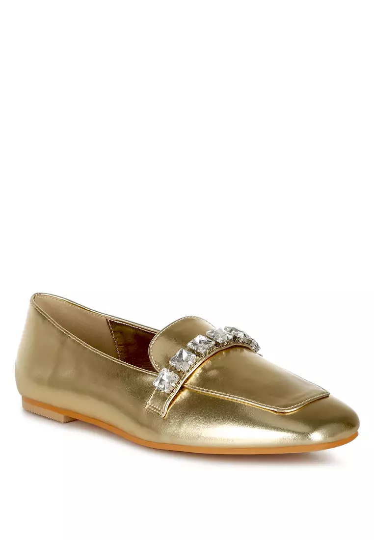 Sepatu Tali Diamante Metalik Berwarna Emas