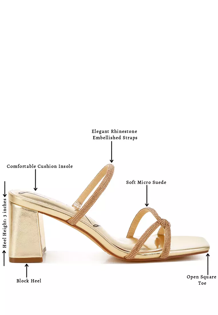Rhinestone Block Heel Sandals in Gold
